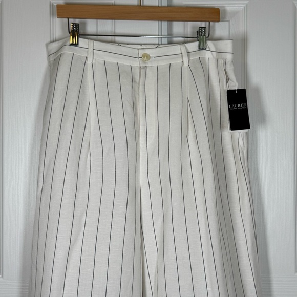 Lauren Ralph Lauren Striped Wide-Leg Linen Blend Pants Winter Cream Size 12 New - Picture 3 of 13